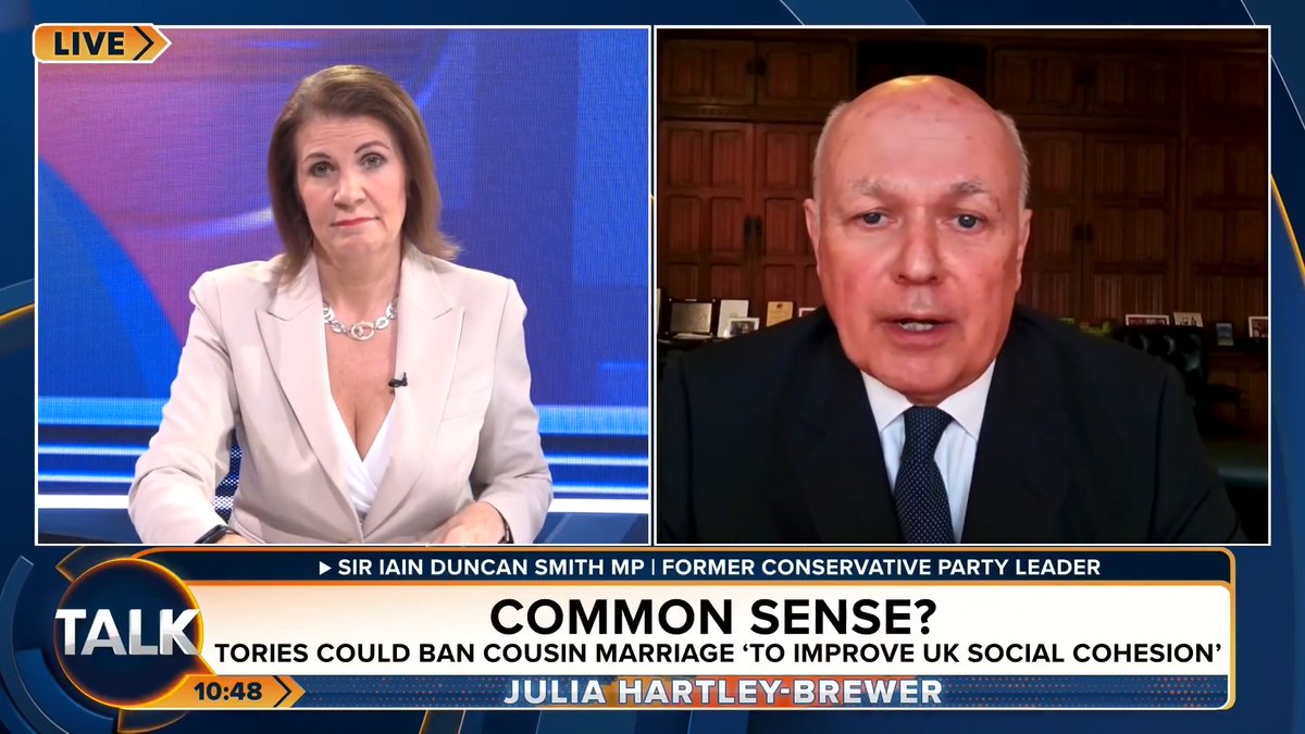 🚨Former Conservative Party leader Sir Iain Duncan Smith MP backs calls to ban first-cousin marriage. "It's wrong and a no-brainer. It's not aimed at only one group. Everyone should face this." Julia Hartley-Brewer | Iain Duncan Smith MP Chingford & Woodford Green