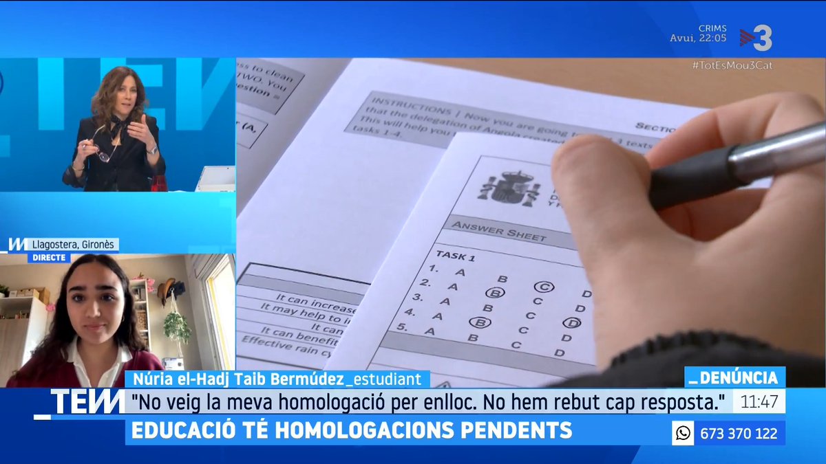 🔴 "No hem rebut la convalidació del batxillerat a l'estranger i ara ens diuen que hem de repetir curs" El testimoni de Lucas Bosque i Núria el-Hadj Taib Bermúdez, becats per la Fundació Amancio Ortega, però sense homologació del curs #TotEsMou3Cat ▶