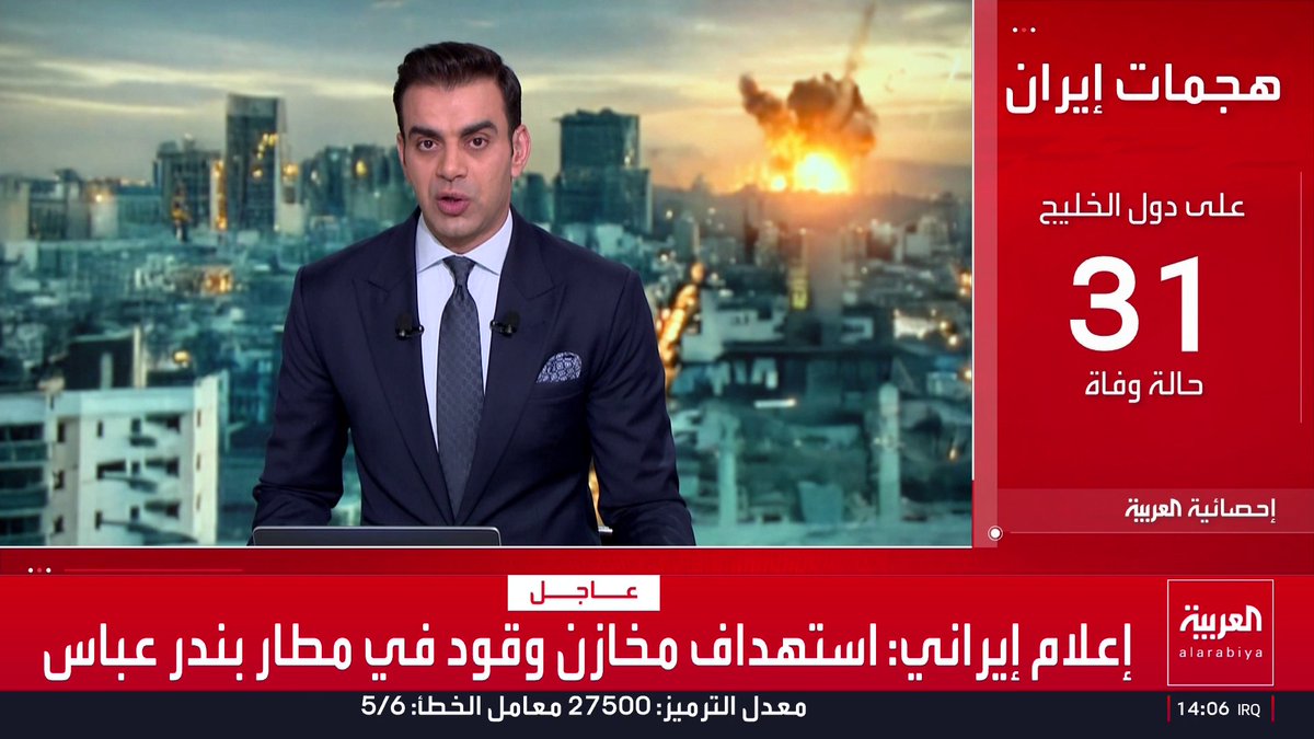 إحصائية العربية: الهجمات الإيرانية أودت بحياة 31 شخصا في دول الخليج أغلبهم مدنيون، في مقابل 18 قتيلا بإسرائيل.