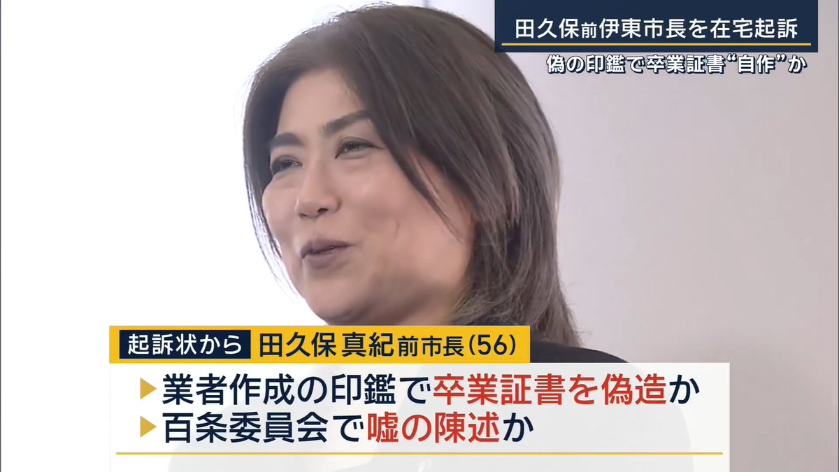【田久保前市長 偽の印鑑で卒業証書“自作”か】 ｜ 学歴詐称をめぐり、書類送検されていた静岡・伊東市の田久保真紀前市長が在宅起訴された 起訴状などによると、田久保前市長は業者に作成させた印鑑を使い卒業証書を偽造し議長らに見せたほか、百条委員会で嘘の陳述をしたとされる 警察は2月に田久保前市長の自宅を家宅捜索して書類送検 田久保前市長はこれまでの任意の聴取に、犯罪の成立を否認 →今後は司法の場で争われることに