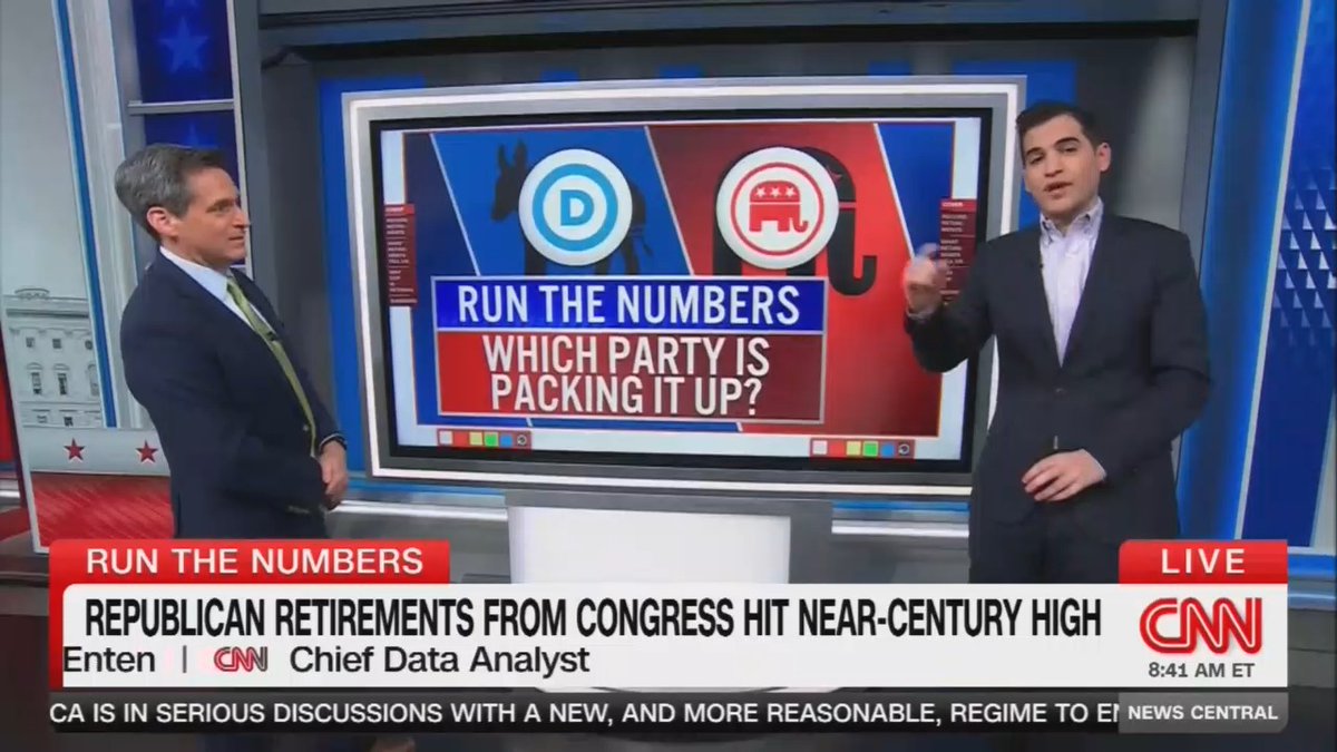 Harry Enten: House Republicans are running for the exits faster than kids do on the final day of school. So far this cycle, already 36 House retirements. That is the grand record over the last 100 years. You don't run for the exits unless you know trouble is brewing, and House Republicans believe trouble is absolutely brewing.