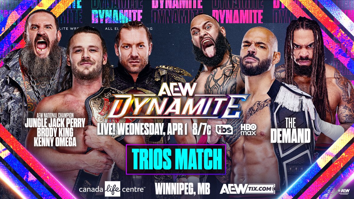 #AEWDynamite 8/7c, TBS and HBO Max This Wed, 4/1 Kenny Omega/@BrodyXKing/@Boy_Myth_Legend vs Lightskin Kingpin/B I S H O P K A U N 🇨🇲/Toa Liona Ricochet believes he should be AEW’s top contender; he wants to put Kenny back on the IR! Brody + Jungle Jack join Kenny vs The Demand WEDNESDAY!