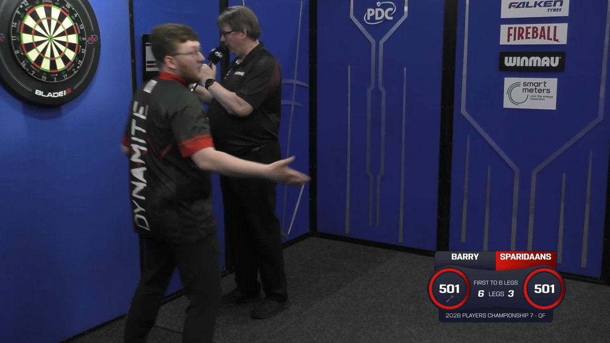 BARRY INTO THE SEMIS! Keane Barry marches on at the Mattioli Arena! The Irishman averages 104 and fends off a spirited fightback from Jeffrey Sparidaans to seal his spot in the semi-finals! 📺 #PC7