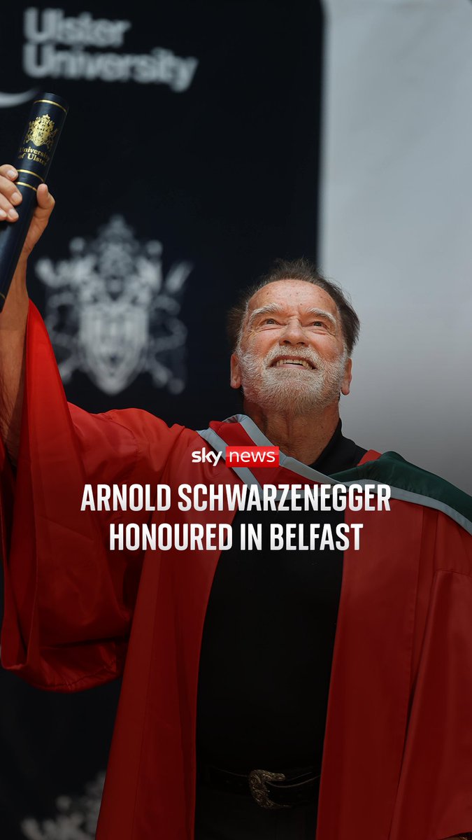 Ulster University has honoured Arnold Schwarzenegger with a doctorate in recognition of his contributions to public service, environmental advocacy and the arts. The 'Terminator' actor was invited to meet students and athletes during the reception at the university's campus in Belfast. Sky's Stephen Murphy reports. 🔗