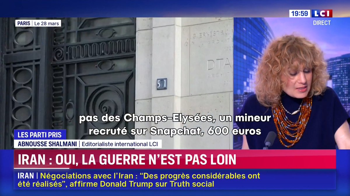 📢 : « Iran : oui, la guerre n’est pas loin », le parti pris de notre éditorialiste international Abnousse Shalmani Abnousse Shalmani “Dans la nuit de vendredi à samedi, un attentat a été déjoué devant le siège de la Bank of America à Paris.” #24hPujadas #LCI #Iran #France⤵️