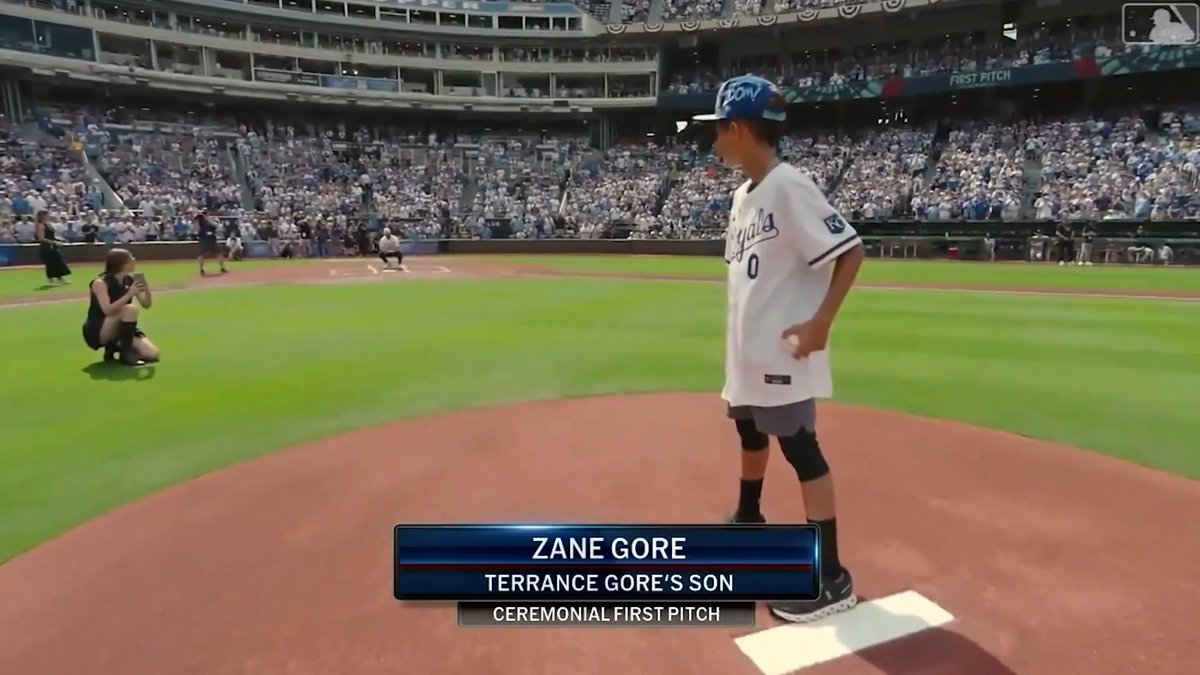 Terrance Gore's family was honored ahead of the Kansas City Royals home opener 💙 And his son, Zane, delivered a perfect first pitch!