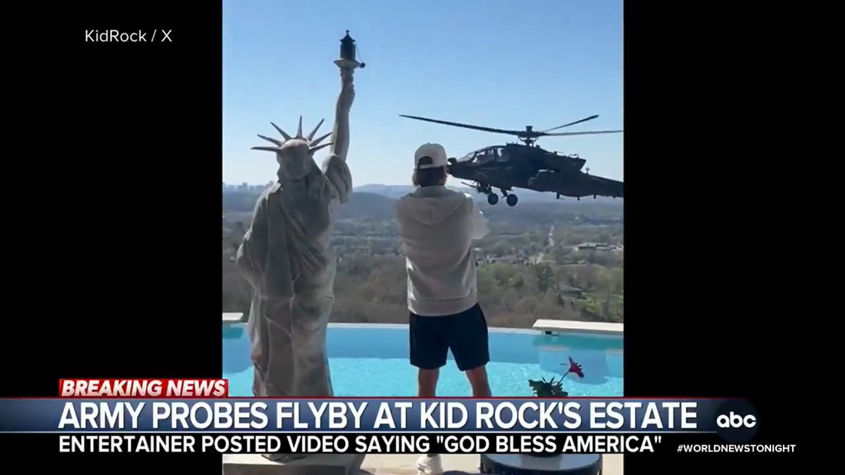 The U.S. Army has launched an administrative review of video showing Apache attack helicopters – part of the 101st Airborne Division – hovering directly in front of and above Kid Rock’s estate in Nashville, Tennessee, on Saturday. Martha Raddatz reports.