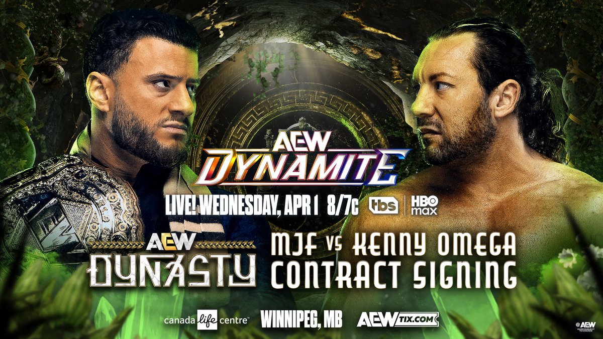#AEWDynamite 8/7c, TBS + HBO Max This Wednesday 4/1! Maxwell Jacob Friedman™️ + Kenny Omega #AEWDynasty Contract Signing AEW World Champion MJF + Omega will make their match official with MJF's added condition of no physicality or the match is off! They sign on the dotted line, WEDNESDAY!