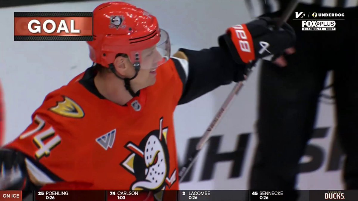 JOHN CARLSON'S FIRST GOAL AS A DUCK! 🦆 He's got NINE points since being acquired by the x - Anaheim Ducks!