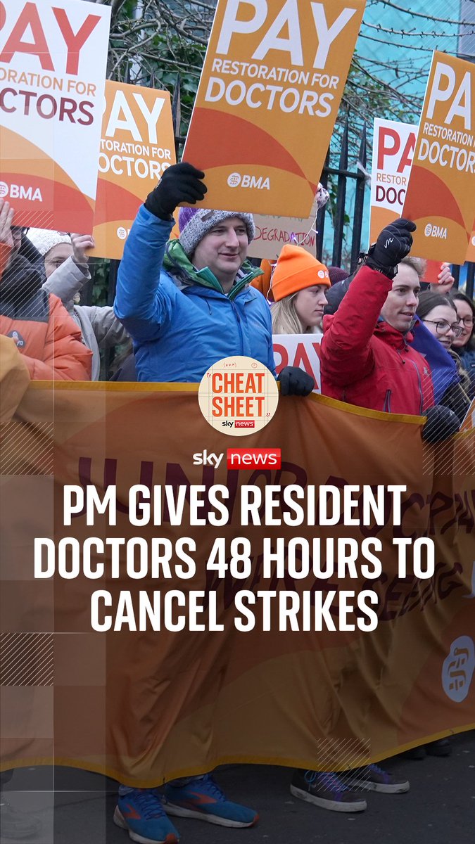 The PM has given resident doctors 48 hours to call off a six-day strike planned for next week in England. He has threatened to withdraw an offer of thousands of new jobs if they go ahead. Anna Jones and Wilfred Frost explain on #CheatSheet: