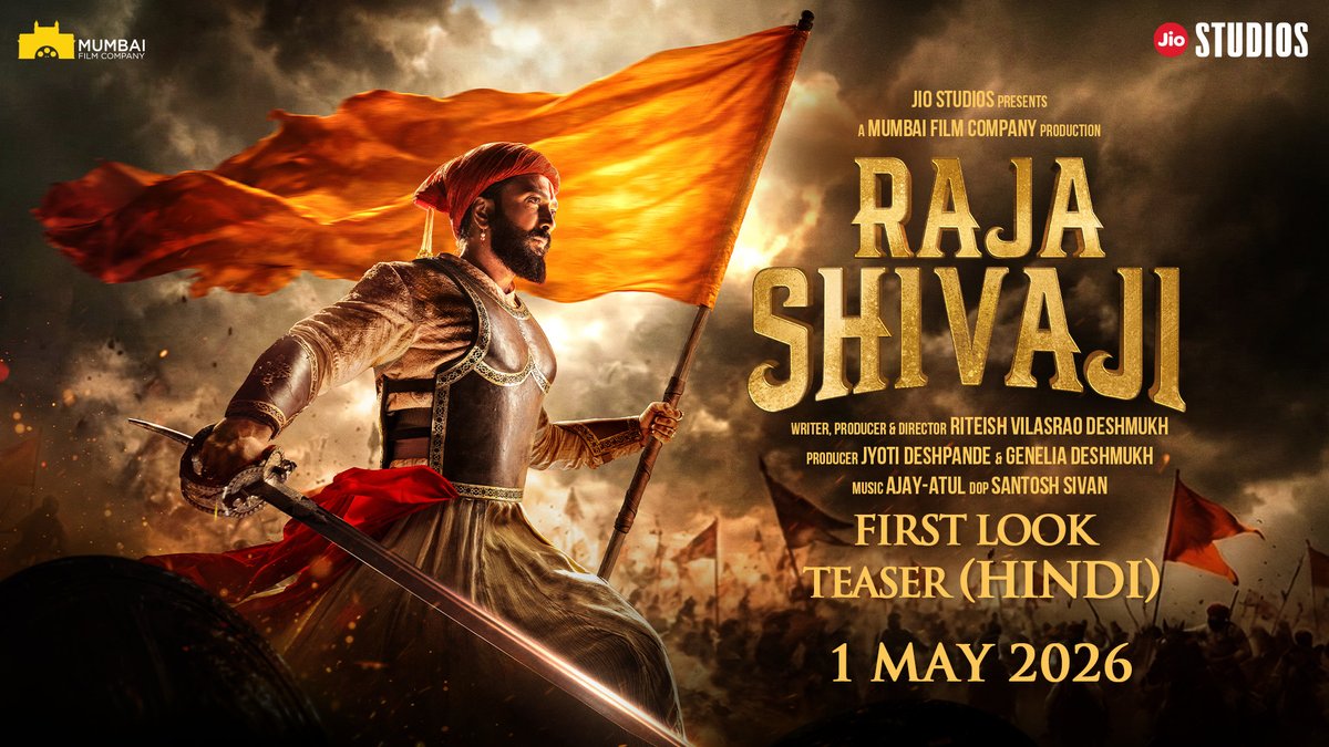 For the land that forged warriors. For the faith that never wavered. For the dream of Swarajya that lived in every heart… With deep reverence to Chhatrapati Shivaji Maharaj, we proudly unveil the first look teaser of Raja Shivaji — India’s Greatest Warrior King. 👑 Our King. Our Pride. Our Legacy.🚩 Directed by Riteish Vilasrao Deshmukh. #RajaShivaji In cinemas on 1st May 2026 in Marathi, Hindi & Telugu. Sanjay Dutt Abhishek 𝐁𝐚𝐜𝐡𝐜𝐡𝐚𝐧 vidya balan Mahesh Manjrekar Sachin Khedekar Boman Irani bhagyashree Fardeen Feroz Khan #JitendraJoshi #AmoleGupte Riteish Deshmukh #JyotiDeshpande Genelia Deshmukh SantoshSivanASC. Ajay Atul Official Jio Studios #JioStudiosMarathi Mumbai Film Company