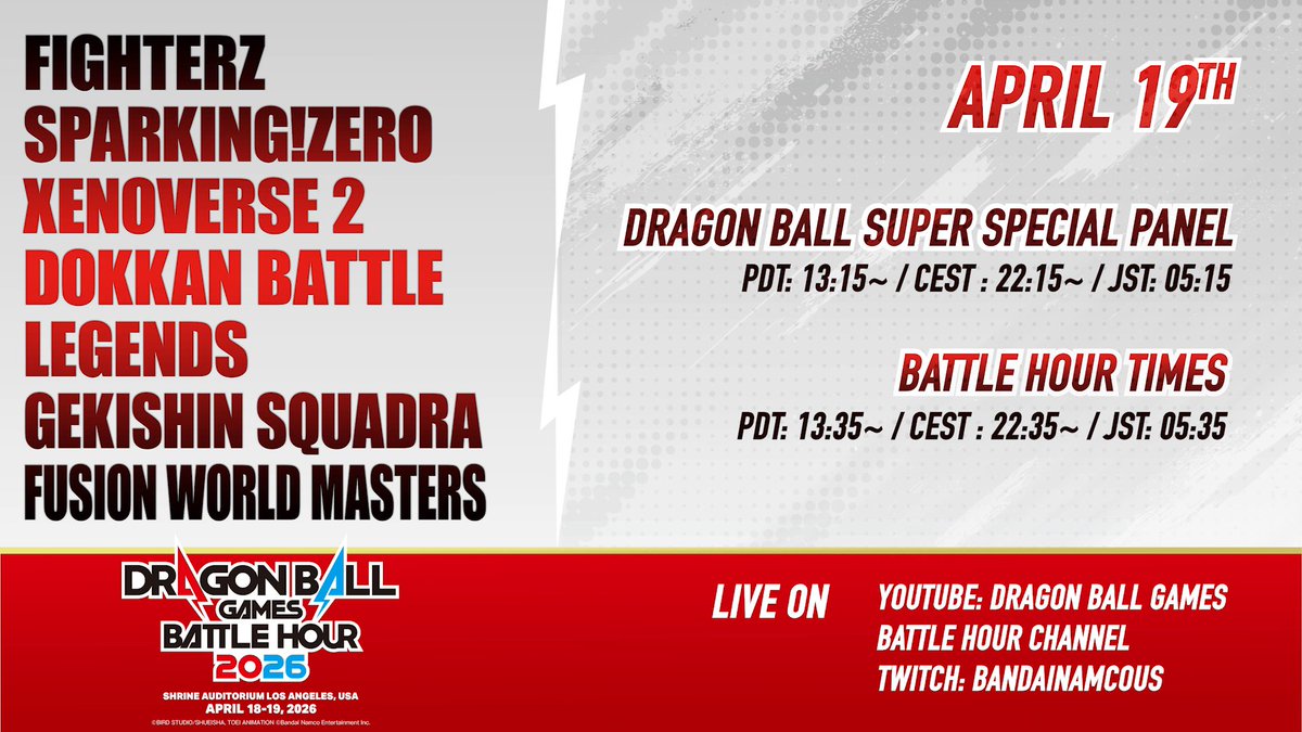 DRAGON BALL GAMES BATTLE HOUR 2026 is almost here. Watch the trailer and see what awaits! Register for the event: Watch live on: 📍 #BattleHour2026 #DragonBall Follow DRAGON BALL BATTLE HOUR for the latest info DRAGON BALL Games Battle Hour 2026 Official