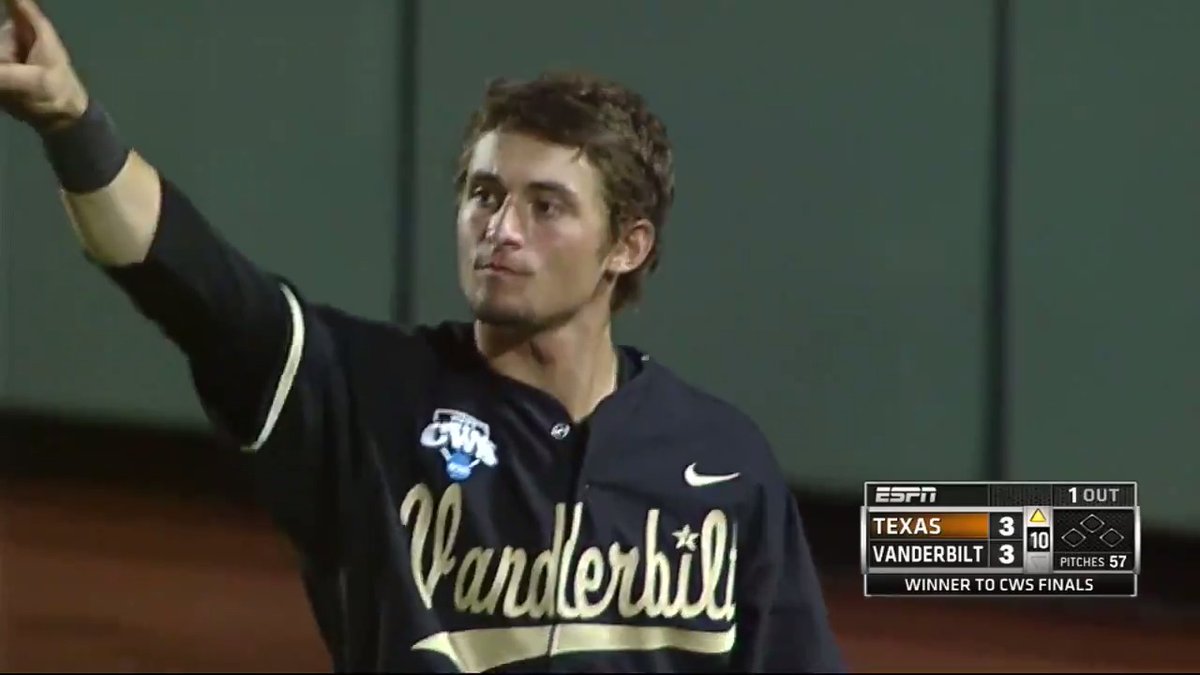 Vanderbilt’s Rhett Wiseman makes a clutch grab at the warning track to keep the game tied in the 10th inning (2014)