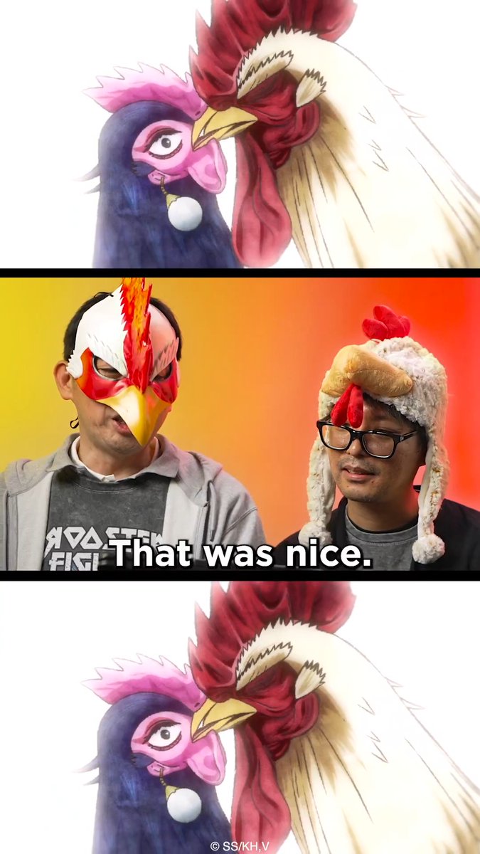 That was…unex-peck-ted! 😳😂 Rooster Fighter creator Shu Sakuratani and series composer Hiroshi Seko react to a very, ahem, special scene from Episode 3 💋 Watch Rooster Fighter on @Hulu and Disney+ ニワトリ・ファイター【公式】4/5(日)TVアニメ放送開始! VIZ Media 桜谷シュウ 『ニワトリ・ファイター』 Rooster Fighter 第12巻 4月3日発売!!