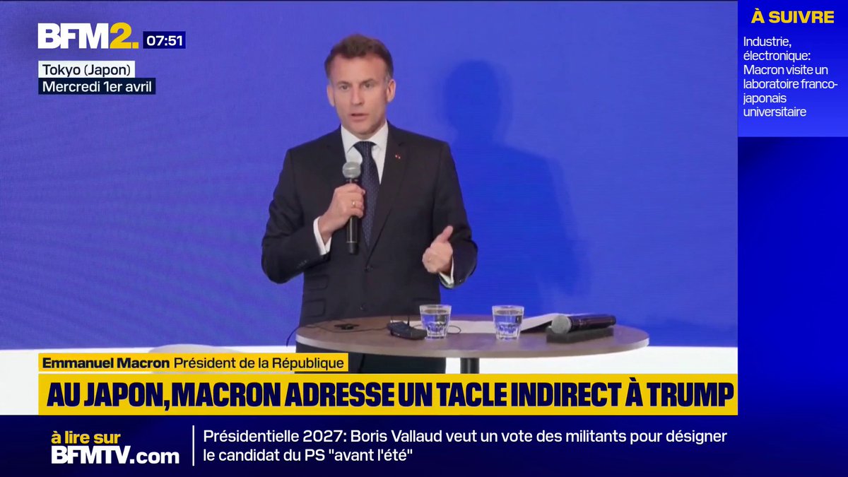💬 "Nous sommes là où vous savez que nous irons. C'est pas mal par les temps qui courent. Croyez-moi, ça a de la valeur" Emmanuel Macron vante à Tokyo la "prévisibilité" de l'Europe face à l'imprévisibilité de Donald Trump #BFM2