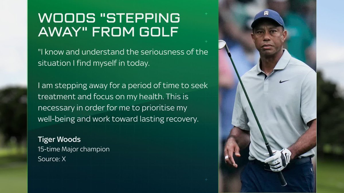 Tiger Woods has confirmed he will be stepping away from golf for "a period of time" to seek treatment and focus on his health, following his car crash and arrest on Friday.