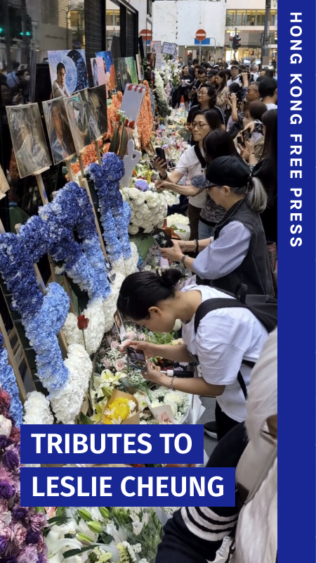 On April 1, 2003, Cantopop superstar Leslie Cheung jumped to his death from the 24th floor of the Mandarin Oriental hotel in Hong Kong. A stream of Hongkongers paid tribute outside the hotel on Wednesday, 23 years on. Photos: Tom Grundy/HKFP. In full: