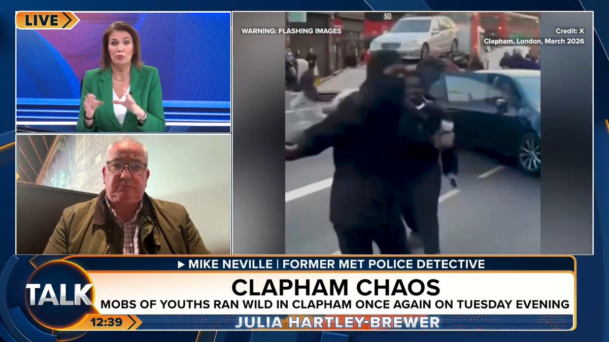 🚨"The lawlessness sends a message to people that police have lost their grip. Trust and confidence in policing is already at a low level." Ex-Met Police DCI Mike Neville says police are wary to act over the Clapham riots due to fears of being smeared as racist. Julia Hartley-Brewer