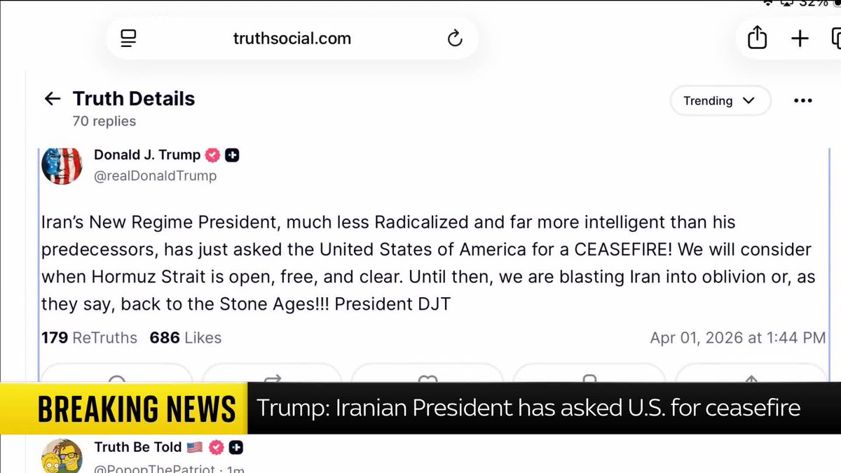 BREAKING: Donald Trump has said the Iranian president has asked for a ceasefire - but the U.S. won't "consider" it until the Strait of Hormuz is re-opened. Iran latest: 📺 Sky 501 and YouTube