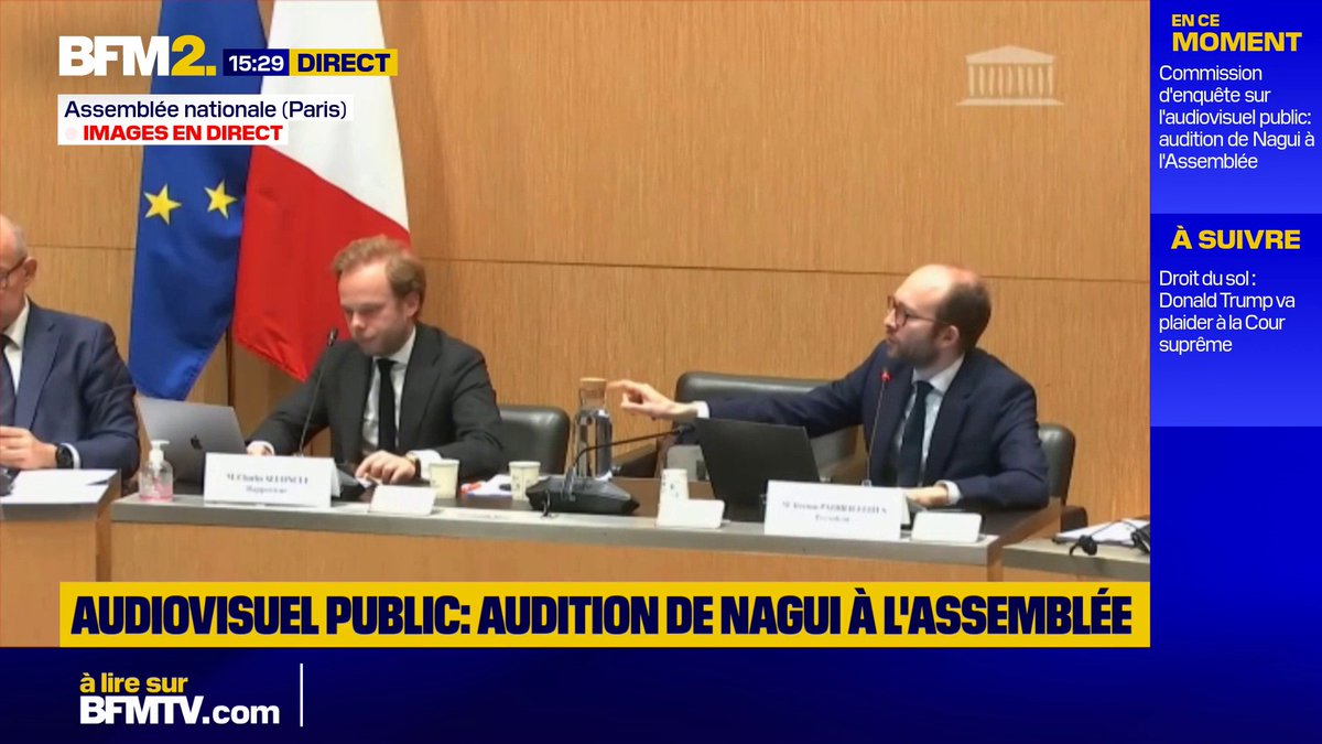 Échanges tendus entre Nagui et Charles Alloncle à la Commission d'enquête de l'audiovisuel public: "On est tous menacés dans cette Commission d'enquête.[...]Votre règlement de compte n'intéresse pas les Français", met au point le président Jérémie Patrier-Leitus #BFM2