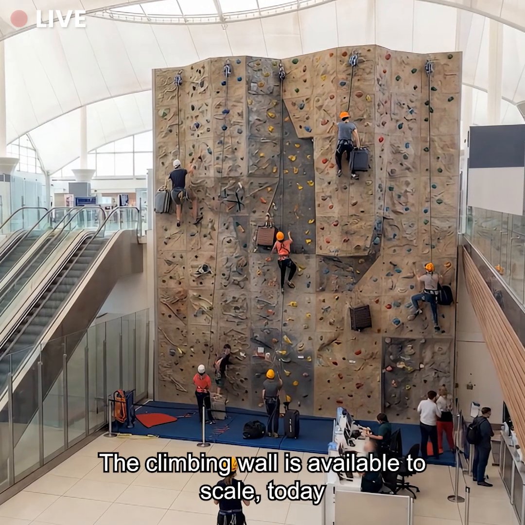 Taking DEN to new heights. 🧗✈️ Our brand-new climbing wall is ready to scale TODAY! Head to the Great Hall and make the climb for a faster, healthier route through the terminal. Learn more at