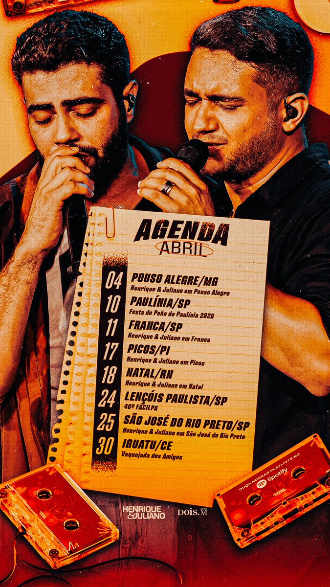 Abril nem começou direito… e o coração já tá na estrada ❤️‍🔥 é saudade que vira encontro é música que vira memória é cada voz de vocês fazendo tudo isso ter sentido se prepara, porque esse mês é nosso 👇 04/04 – Pouso Alegre/MG 10/04 – Paulínia/SP 11/04 – Franca/SP 17/04 – Picos/PI 18/04 – Natal/RN 24/04 – Lençóis Paulista/SP 25/04 – São José do Rio Preto/SP 30/04 – Iguatu/CE vem viver abril com a gente… porque quando a luz acende e vocês cantam junto não é só show… é história sendo escrita #Agenda #Abril #HenriqueEJuliano