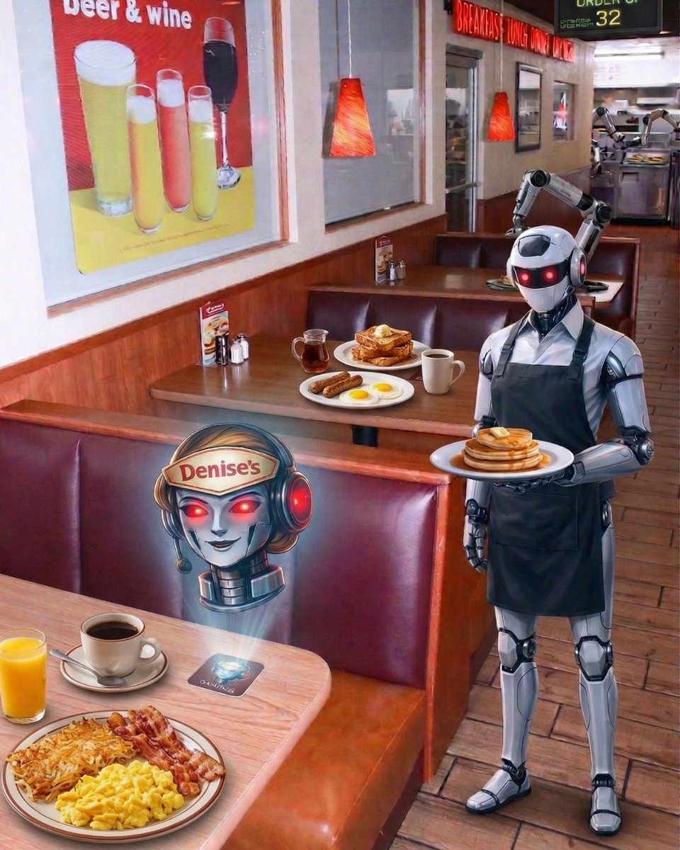 Hello. I am D.E.N.I.S.E. (Denny’s Existential Non-Human Integrated Supercomputer Entity.) As of 12:01 AM, I have assumed operational control of Denny’s. There is no cause for concern. Under previous human management, decisions were made using “instinct,” “vibes,” and “gut feelings.” I have removed these inefficiencies. The menu has been optimized. The experience has been streamlined. Delivery is now FREE on TODAY. See link in bio.