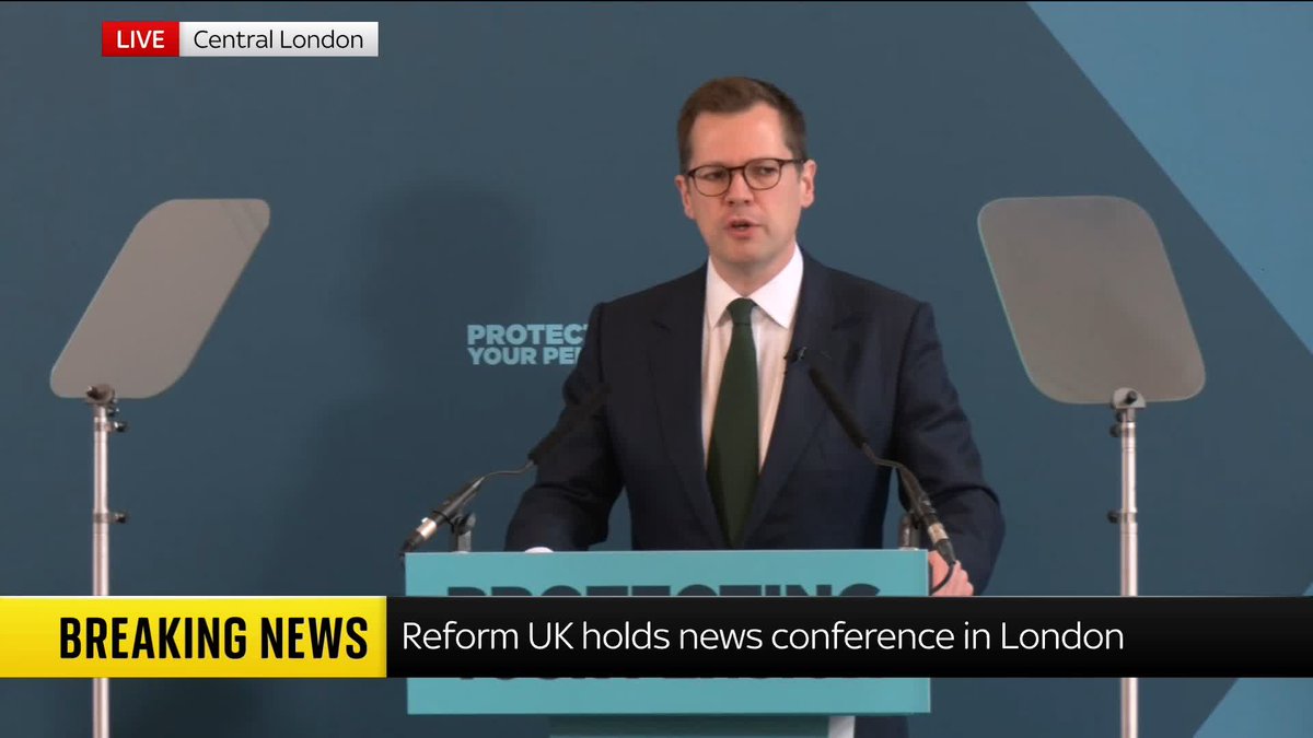 "A Reform UK government will keep the triple lock for state pensions." Reform UK's treasury spokesperson, Robert Jenrick, speaks at a news conference in London. 📺 Sky 501 and YouTube