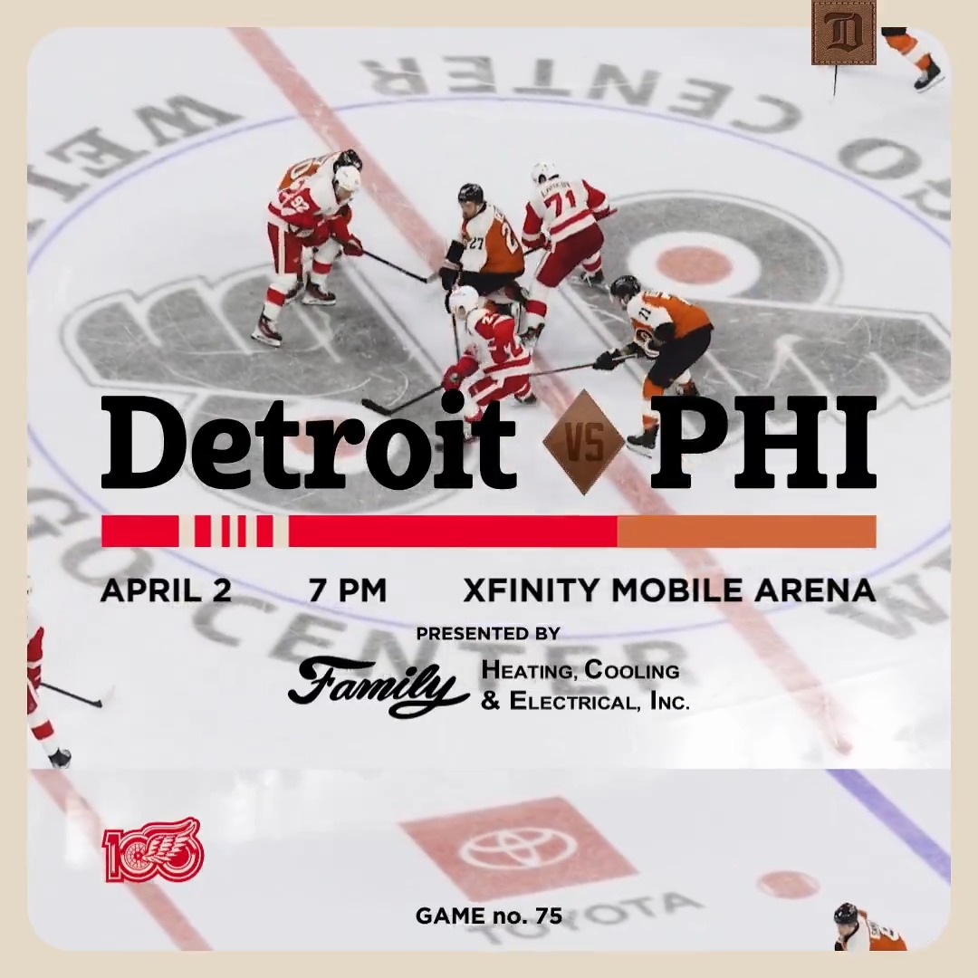Game Day in Philly. #LGRW 🏒 7:00 P.M. 📺 FanDuel Sports Network Detroit Extra 📻 97.1 The Ticket: 🤝 Family Heating, Cooling & Electrical Inc.