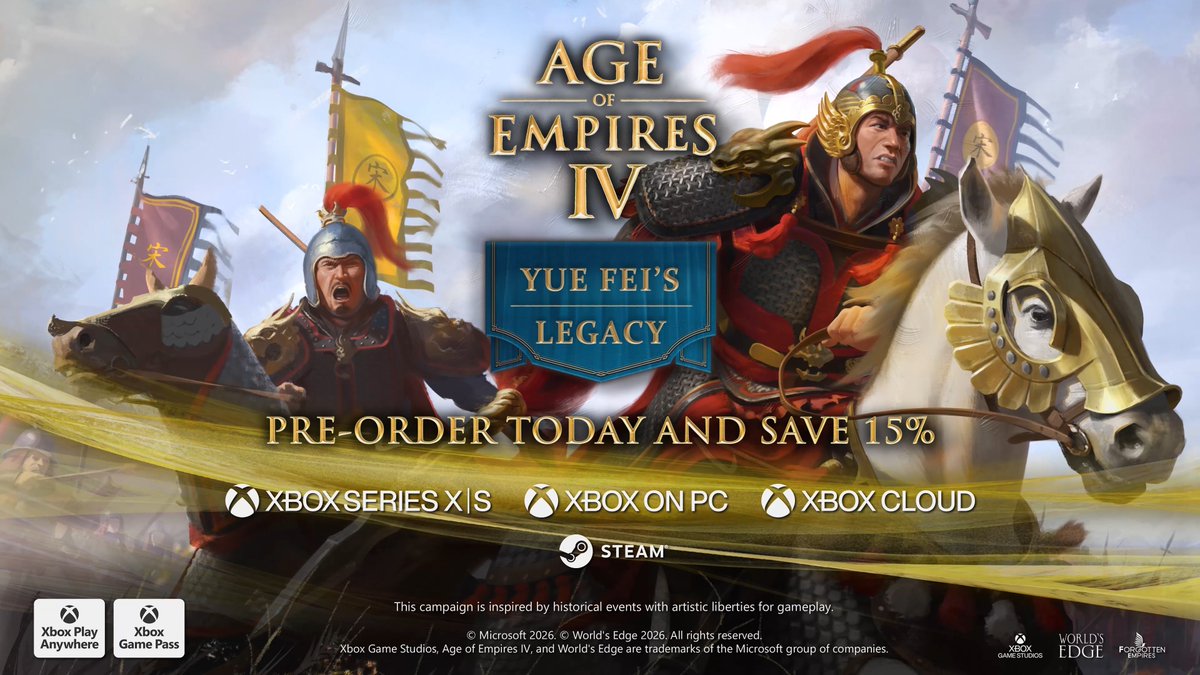 Witness a tale of honor, betrayal, and courage in a new expansion for #AgeofEmpiresIV: Yue Fei’s Legacy, releasing May 7th. ⚔️ Play as the Jin Dynasty, a new civilization with unique production advantages, experience a new eight-mission campaign, and more!