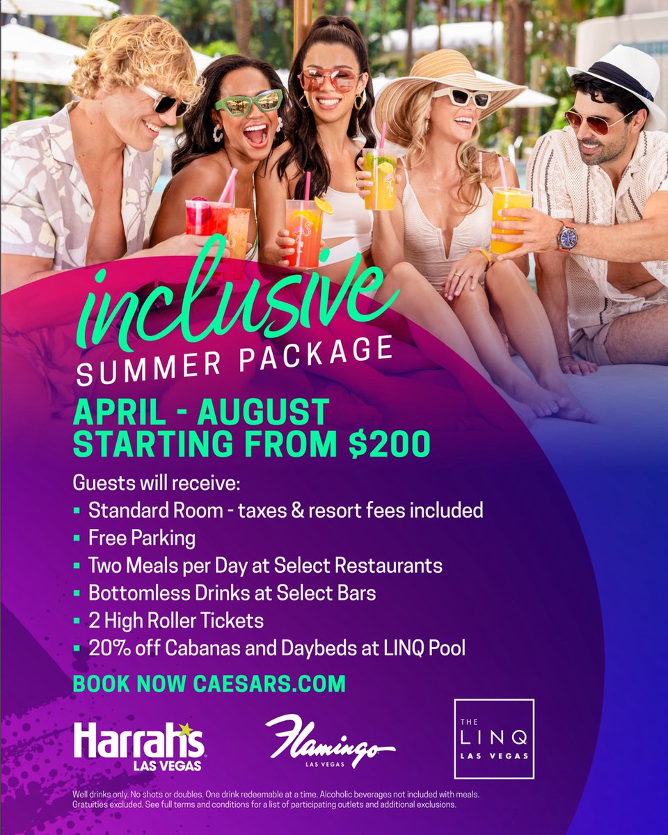 ☀️ Inclusive Summer Package 🍹 - Standard Room - Bottomless Drinks - Two Meals per Day - High Roller Tix - 20% off Cabanas at LINQ Pool - Free Parking. No Taxes or Fees. Harrah's Las Vegas Flamingo Las Vegas The LINQ April - Aug | Starting at $200 Book Now: