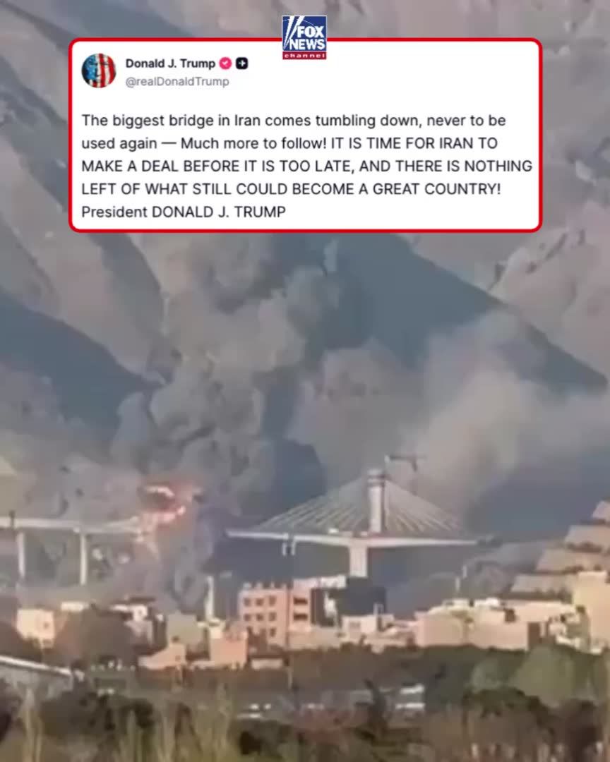BURNING BRIDGES: President Trump shares video allegedly showing a prominent Iranian bridge destroyed by joint U.S.-Israeli strikes in the country: "The biggest bridge in Iran comes tumbling down, never to be used again— Much more to follow!"