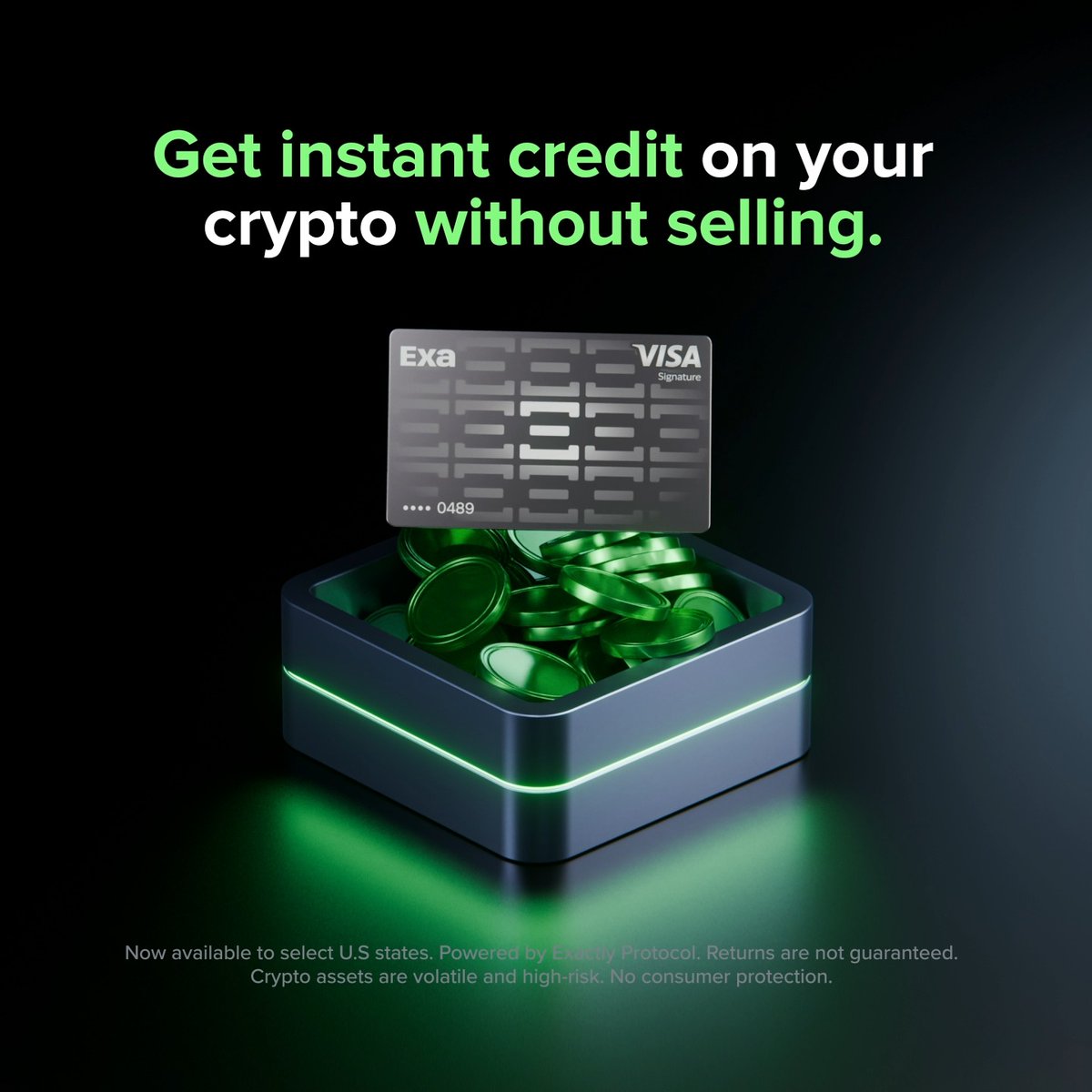 Life comes at you fast. Keep your position anyway. Access instant liquidity without hitting the sell button. → Borrow against BTC, ETH, USDC → Keep your market exposure → Accepted at 150M+ Visa merchants → 8 fixed-rate payment plans Unlock instant credit on Uphold with the Exa Credit Card. Now available to select U.S states. Powered by Exactly Protocol. Returns are not guaranteed. Crypto assets are volatile and high-risk. No consumer protection.