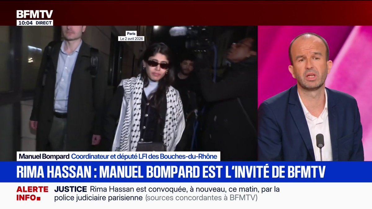 🇫🇷 Manuel Bompard sur la garde à vue de Rima Hassan : "On reproche à Rima Hassan d’être une voix engagée pour dénoncer le génocide à Gaza". (déclaration sur BFMTV)