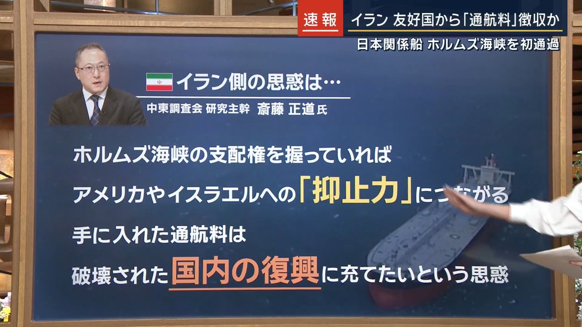【日本関係船“海峡通過”】今後“通航料”徴収の可能性は? | ホルムズ海峡の事実上の封鎖が始まってから、初めて日本関係の船が海峡を通過。液化天然ガスを運ぶ商船三井がオマーンの企業と共同で保有している船で、船籍はパナマ これまでペルシャ湾内に停泊していたが、現在は『危険な水域を出て全員の安全を確認した』としていて、ホルムズ海峡を通過 中東調査会 研究主幹 斎藤正道氏 「イラン側は日本関係の船と認識していたと考えられる」 「日本が選ばれたとすれば日本やアジアと友好的な関係を持ちたいというメッセージの可能性。アメリカやイスラエルに攻撃をゆるめるよう日本に働きかけを期待している可能性も」 「今はイラン側の軍事行動の主導権は軍にあるが、政権側の穏健派も外交政策への一定の影響力を持ちつつある表れかもしれない」 ▼ホルムズ海峡の状況 ブルームバーグ通信 「イランの『友好国』の船舶なら、“通航料”を支払うことでホルムズ海峡の航行を認めている」 通航料は少なくとも原油1バレルあたり1ドル 中東から日本へ原油を運ぶ船は積載量200万バレルの大型タンカーが一般的 →1隻あたり約3億円の通航料が新たにかかることに →日本のガソリン価格に1Lあたり約1円上乗せとなる可能性 ▼イランの“友好国”とは? これまでに通過を許可されたのは… 中国、ロシア、パキスタン、インド、イラク、フィリピン、タイ、トルコ、フランス →イランとの結びつきが強い国ほど通航料は安くなるという ▼なぜ通航料?イラン側の思惑は 中東調査会 研究主幹 斎藤正道氏 「軍事力でアメリカ側に劣るイランとしては、ホルムズ海峡の支配権を握っていれば、アメリカやイスラエルへの『抑止力』につながる」 「手に入れた通航料は、破壊された国内の復興に充てたいという思惑」 ▼40カ国以上の外相協議の効果は? 中東調査会 研究主幹 斎藤正道氏 「外相協議による圧力がどこまで通用するかはわからない。日本単独ではなく、利害の一致する東南アジアの国々と連携し、交渉に当たる方が効果があるのでは」