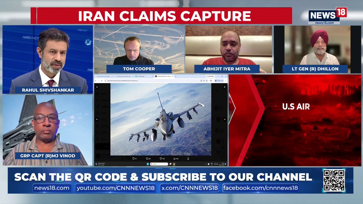 #USIranWar | If there is a possibility that U.S. fighter pilots have been captured, how does it change things for the US-Iran war? When a pilot ejects, a locator helps search teams track them. However, if they land in open terrain within Iran, locals or the IRGC could swiftly capture them. Iran may deny holding the pilot to lure the US into a rescue mission and strike again: KJS DHILLON🇮🇳, Former GoC, 15 Corps of Indian Army #USIranWar #BreakingNews #USPilot #IranNews #MiddleEastCrisis #TheHardFacts | Rahul Shivshankar