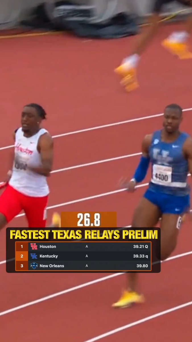 Louie Hinchliffe anchors #HTownSpeedCity to the fastest #TexasRelays 4x100m prelim time in 39.21