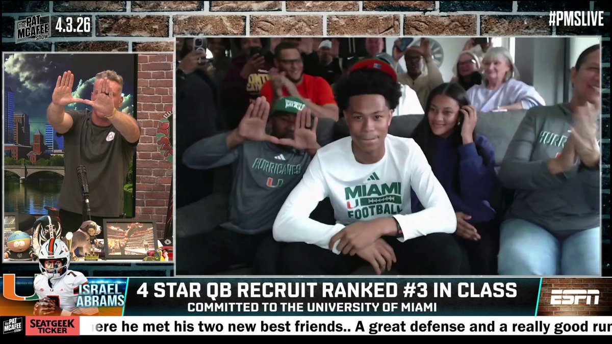 4-star QB recruit Israel Abrams announced he'll be committing to the University of Miami on the Pat McAfee 🙌