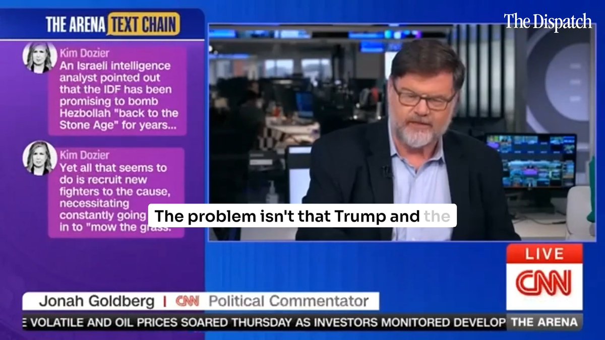 "The problem isn't that Trump and the administration haven't offered an explanation for why we're at war. It's that they've offered every conceivable explanation for why we're at war, and that speech was an example of it." | Jonah Goldberg on The Arena on CNN