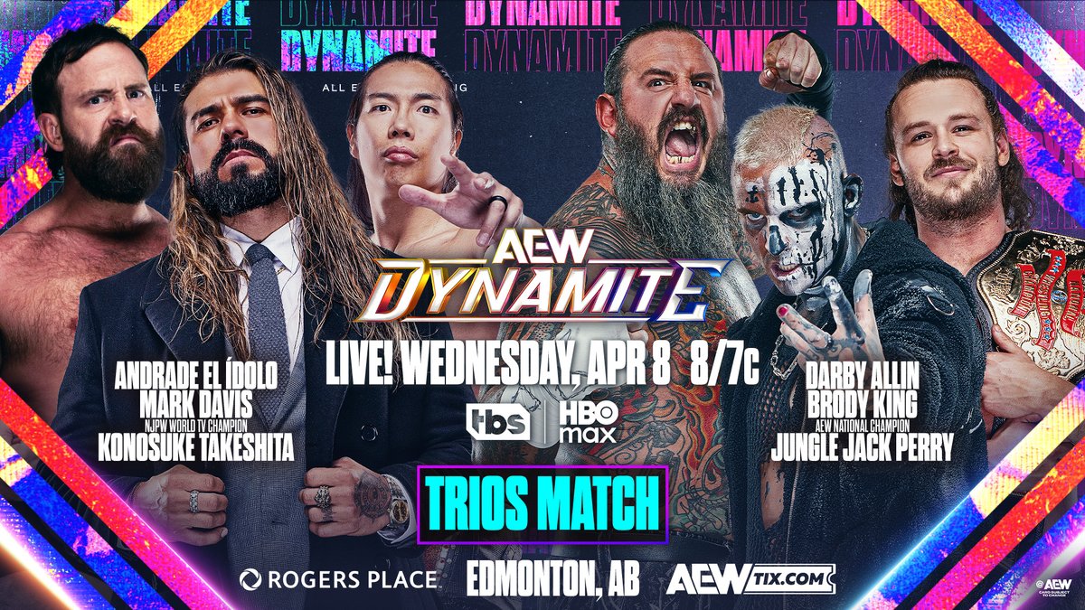 Wednesday Night #AEWDynamite 8/7c on TBS + HBO Max THIS WEDNESDAY, 4/8! Konosuke Takeshita/dunkzilla - マーク・デイビス/“EL IDOLO” ANDRADE better than MJF!!! vs DARBY ALLIN/@BrodyXKing/@Boy_Myth_Legend Despite past differences, Darby joins Jungle Jack + Brody vs The Invisible Hand Family All-Star Trio THIS WEDNESDAY!