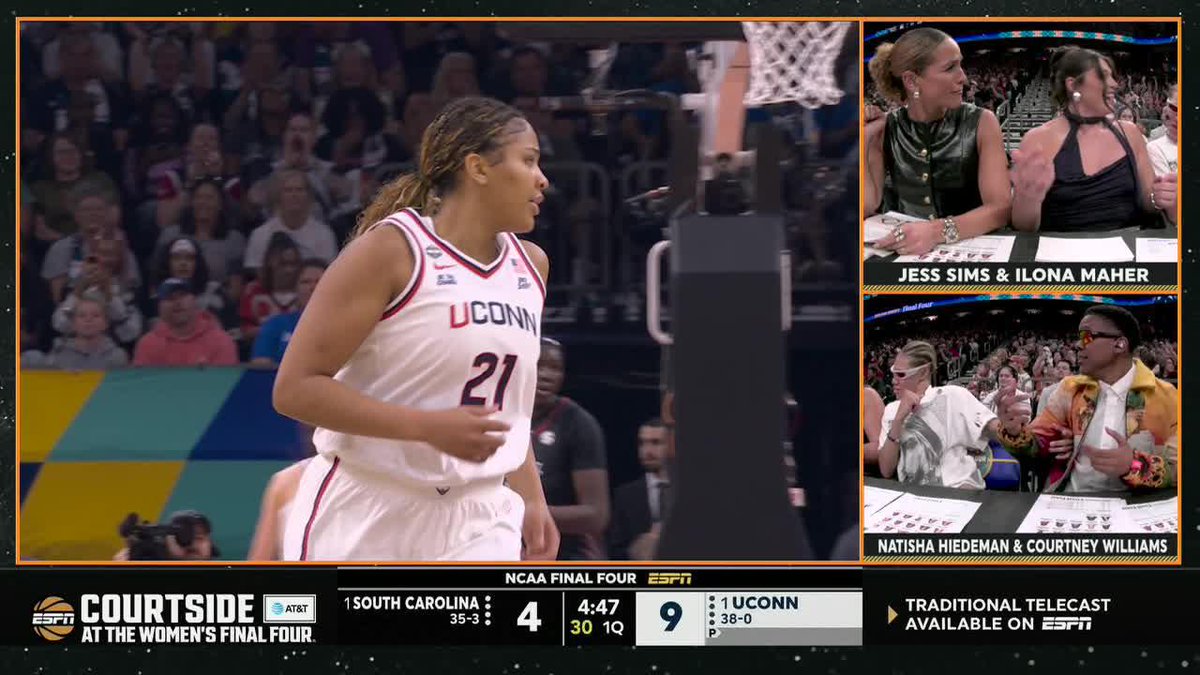 "I gotta recruit her for rugby!" — Ilona Maher after this move from Sarah Strong 📺 Courtside at the Women’s Final Four on ESPN2