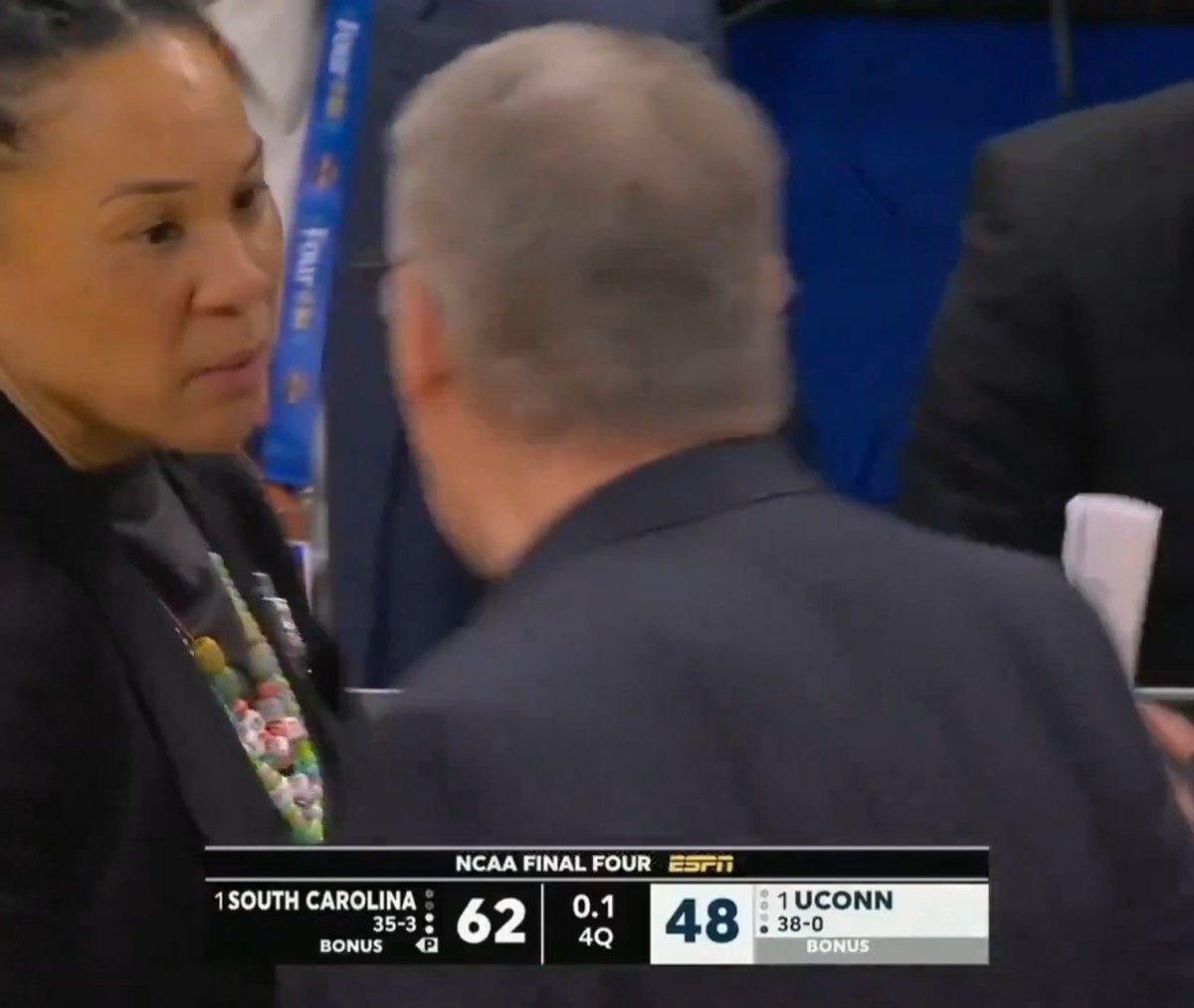 Please stop saying Dawn Staley "crashed out" on Geno Auriemma. It's clear on the video that UConn's HC stated something first, & tried to walk off the court as if he didn't. Staley confirmed in her interview Auriemma "initiated" the exchange. Congrats South Carolina on the win.