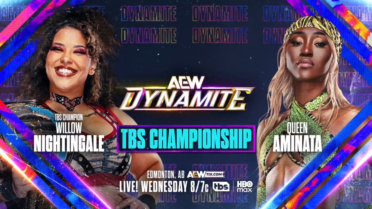 Wednesday Night #AEWDynamite 8/7c on TBS + HBO Max THIS WEDNESDAY, 4/8! TBS Championship @WillowWrestles vs Queen Aminata クィーンアミナタ After Willow retained the title on #AEWCollision, the returning Queen Aminata has signed Willow’s open contract! Willow vs Queen Aminata THIS WEDNESDAY!