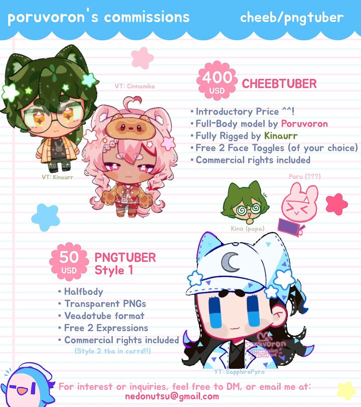 hello my commissions are open again ^^ ⭐+ New!: chibituber + pngtuber comm types please feel free to dm me if you are interested! full t.o.s, local prices, and info in carrd ヾ(•ω•`)⤵️