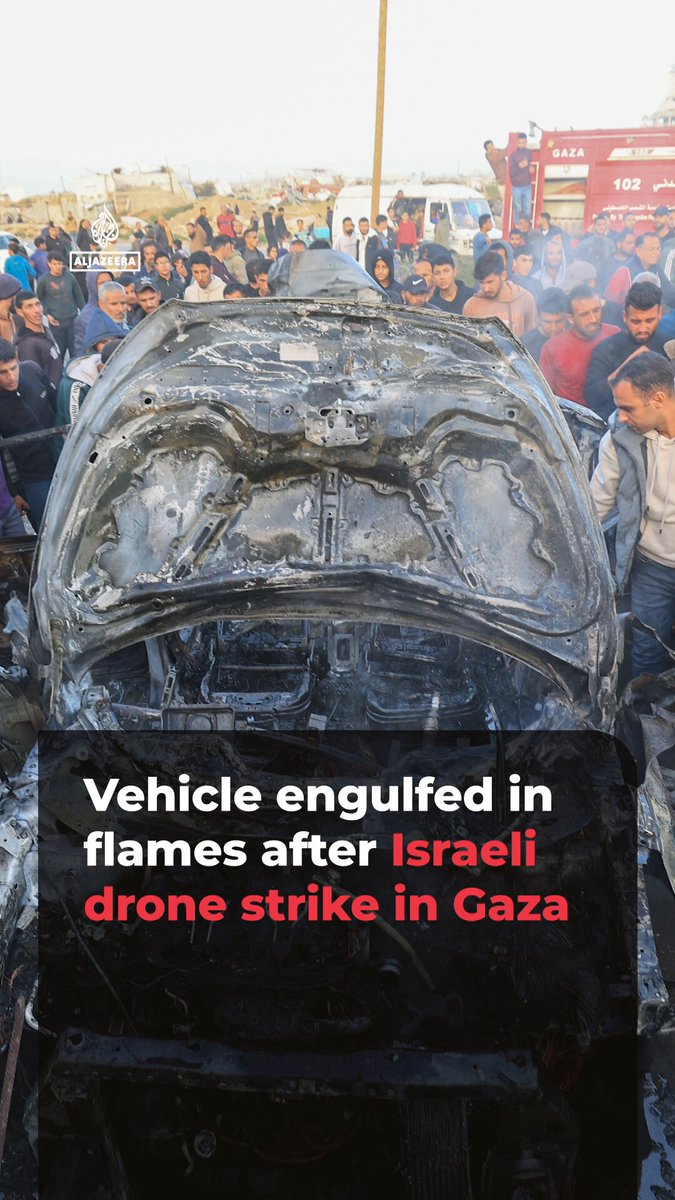 Videos show Palestinians in Gaza scrambling to extinguish a vehicle engulfed in flames in az-Zawayda after it was targeted by an Israeli drone. Israel has killed more than 700 people since the October 10 “ceasefire,” according to local officials.