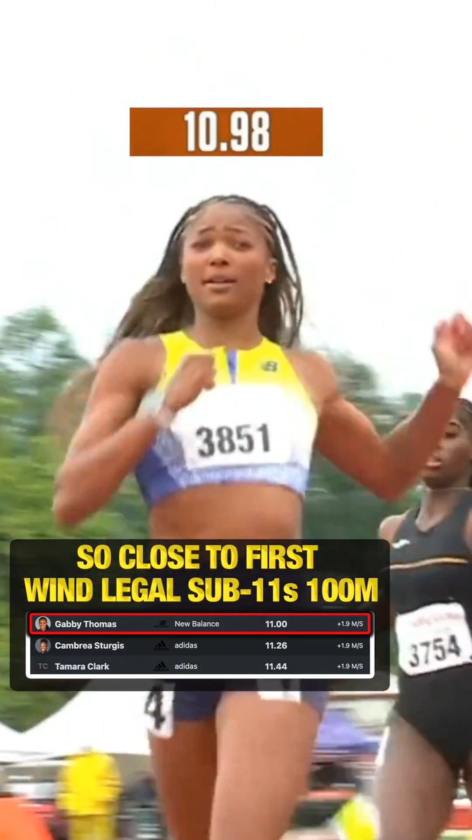 🇺🇸Gabby Thomas SO CLOSE to a first career wind legal sub-11s 100m, tying her 11.00 PB at #TexasRelays