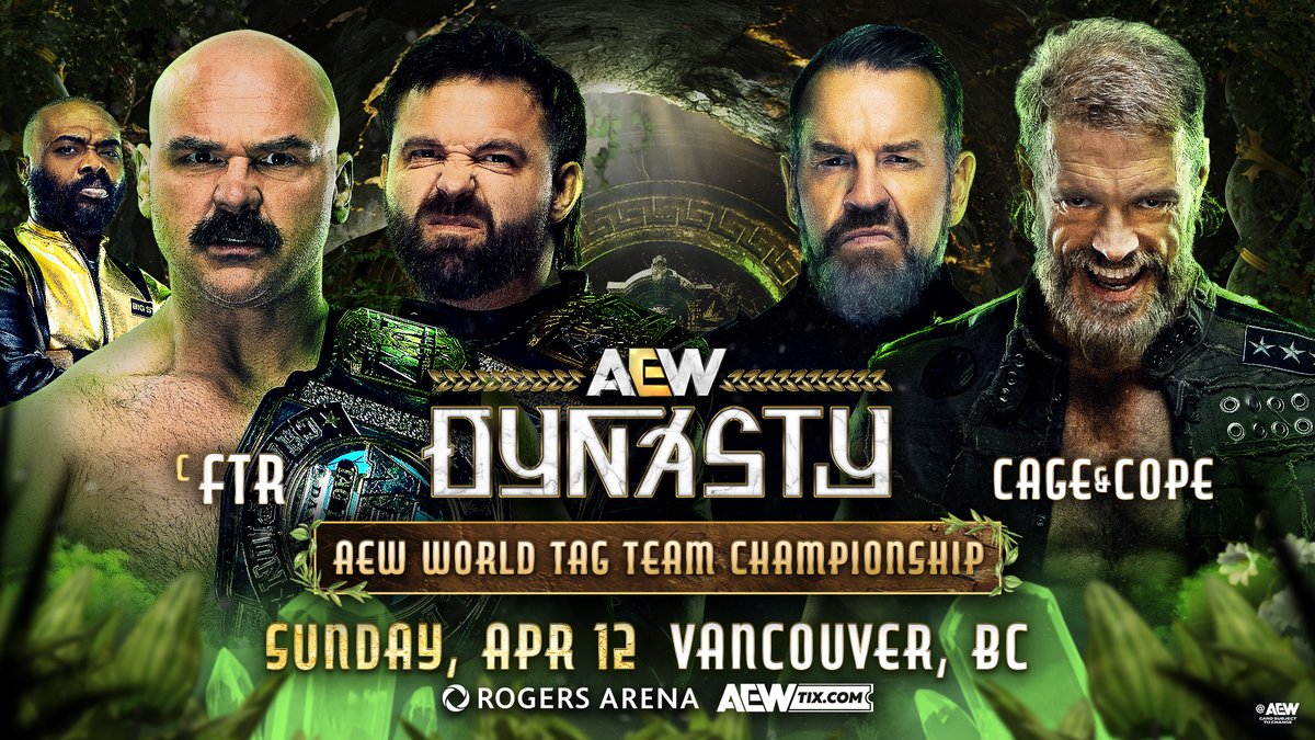 #AEWDynasty 8e/5p, HBO Max PPV Sunday 4/12 AEW World Tag Team Title FTR vs Adam Copeland + Jay 'Christian' Reso 2 Dax + Cash tried to take everything from Cope + Cage including attacking Adam’s wife Beth Now two of the greatest tag teams of all time battle for the gold, SUNDAY 4/12!