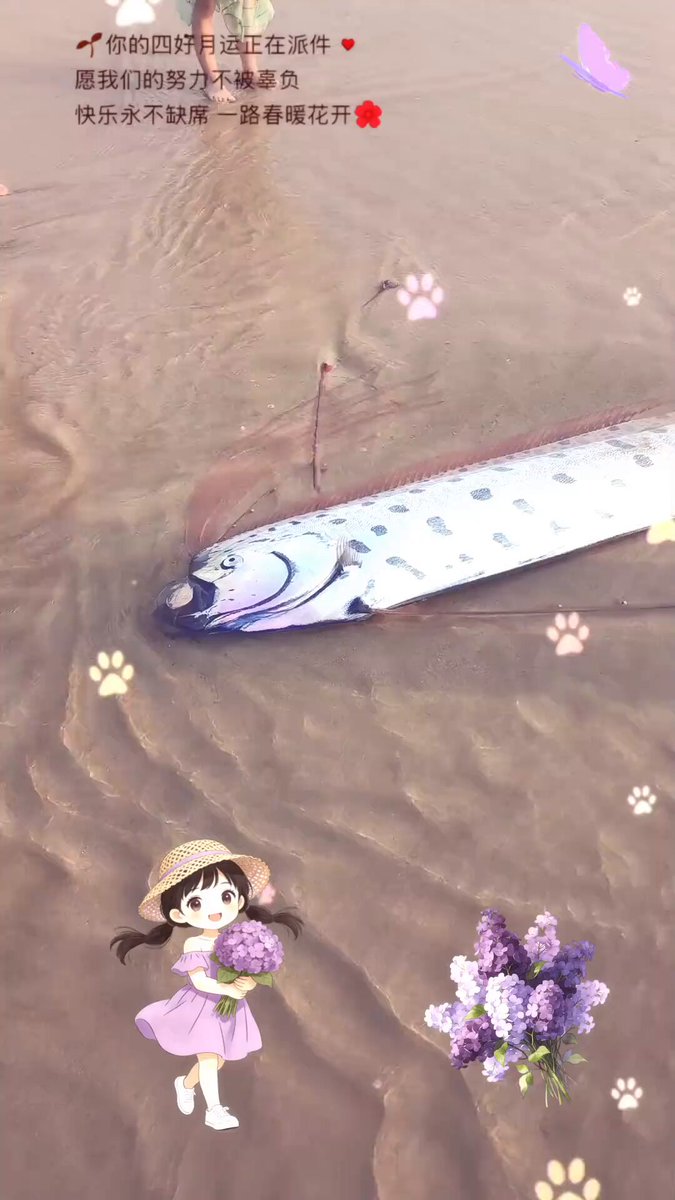 海南陵水一条巨型皇带鱼搁浅，被人们发现后开始营救，后来一位胆大的女士把它拖进海里了，不知道能不能活