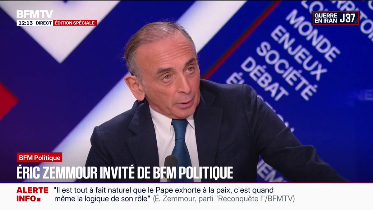 Discours du pape à l'occasion de Pâques: "Je l'ai entendu dire 'on ne fait pas la paix par la force mais par le dialogue', je crois exactement le contraire" ➡️ Éric Zemmour, président du parti Reconquête