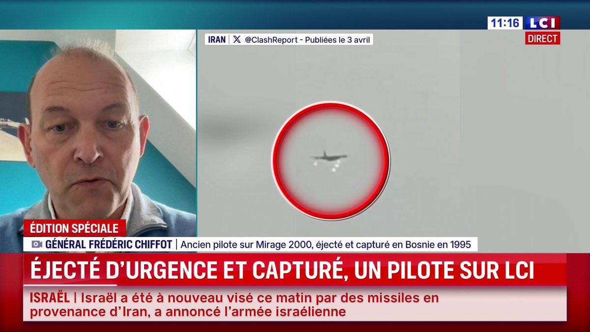 🔴🗣️ "Il a dû évacuer la zone pour ne pas être repéré, je pense qu'"assez rapidement", le pilote américain "a pu donner sa position, son état et suivre la route pour son évasion" : le général Frédéric Chiffot, lui-même éjecté d'un Mirage 2 000 en Bosnie, sur LCI cc Anne-Chloé BOTTET